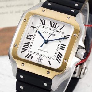 AF Cartier Santos Mechanical Large Series Movement: 9015 Automatic Mechanical Case Dimensions: 39.8 x 47.5 mm Dial:Sunburst white dial, sword-shaped blued steel hands, Roman numeral hour markers. Crystal: Scratch-resistant sapphire crystal. Crown: Stainless steel set with a faceted synthetic spinel. Case: Rose gold with diamonds, yellow gold with diamonds, stainless steel with diamonds.Strap: Stainless steel bracelet, silicone strap, quick-release leather strap, alligator leather strap. Functions: Time display, date display.